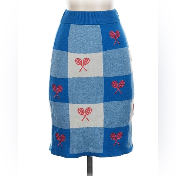 Chic Blue and White Checkered Tennis Racket Motif Pencil Skirt - Picture 1 of 4
